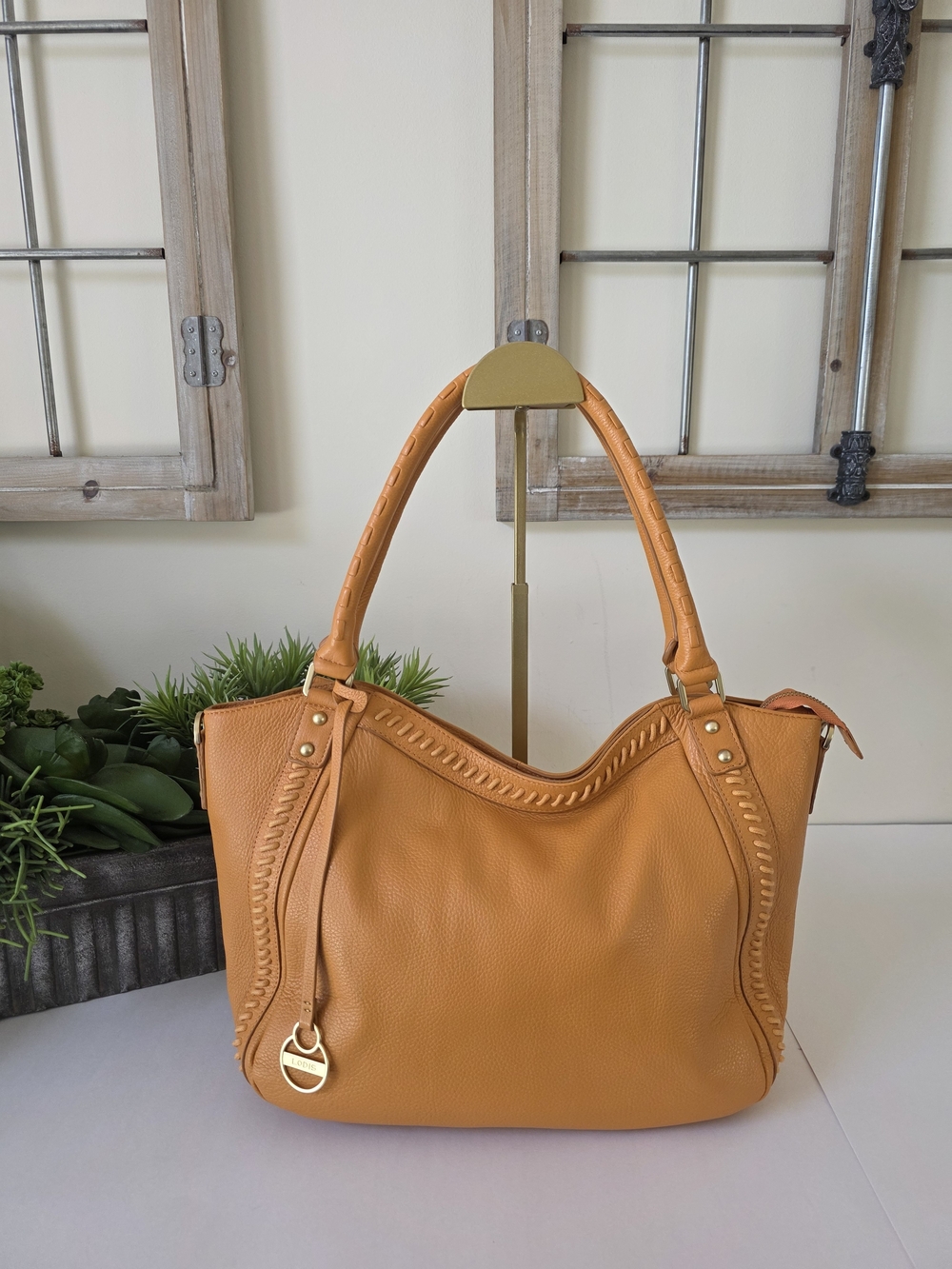 Lodis Texas Leather Sutton Tote Nectarine Woven Stitch Shoulder Bag - Picture 2 of 12